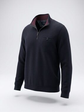 Ted Baker Men's Navy Quarter Zip-Up Sweater with Deep Purple Trim #dresssweater